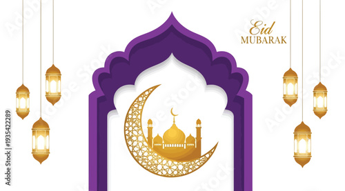 Eid mubarak greeting card with purple arch mosque lanterns and crescent moon isolated on white background