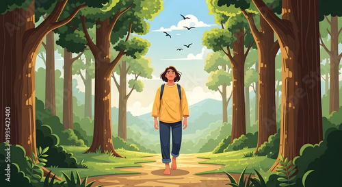 Woman walking barefoot on forest path, surrounded by tall trees and greenery, feeling free and connected to nature.