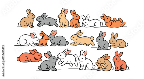 Group of cute cartoon rabbits in different colors and poses, presenting a variety of characters for playful designs