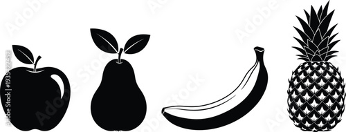 Fruit silhouette set with apple pear banana and pineapple, healthy food icons, cad drawing flat vector illustration, organic tropical harvest symbols
