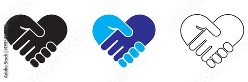  Handshake Icon. Set of heart and handshake app icons representing trust, partnership, love, and cooperation in business, charity, and community support concepts.