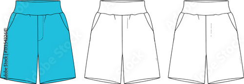 Fashion technical illustration of women’s shorts featuring wide waistband, side pockets, seam details, and front view design variations shown in colored and black‑and‑white line drawings