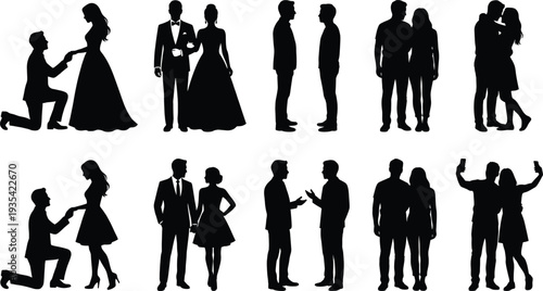 Silhouettes of Couples in Various Romantic Poses and Wedding Scenarios love romance
