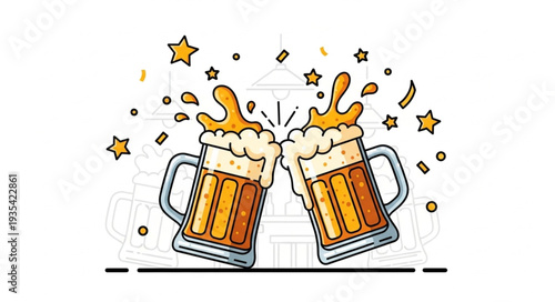 Two Mugs of Beer Clinking Together Celebrating.