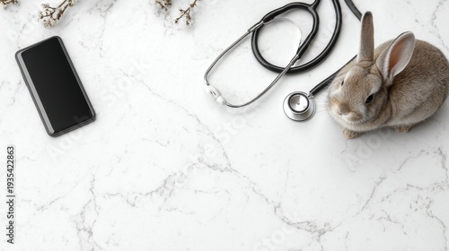Rabbit veterinary checkup concept with stethoscope and smartphone on white marble background for pet care design poster and social media banner