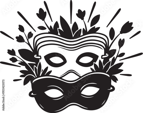 Mysterious masked face with floral design and leaves surrounding