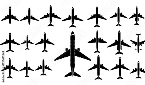 Black Airplane Silhouettes Top View Vector Set Isolated on White Background