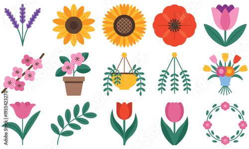 Vibrant collection of colorful flowers and plants in various styles and arrangements on a clean white background, perfect for floral designs and gardening projects.