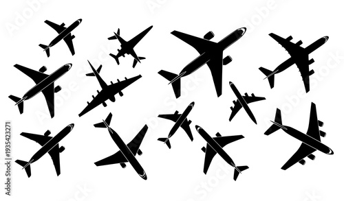 Top View Airplane Silhouette Collection in Dynamic Layout Vector Illustration