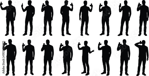 Man taking selfie silhouette set vector, male figure holding smartphone isolated on white background illustration collection