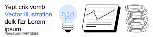 Business strategy, finance, data insights, innovation, technology, analytics. Illustrated chart, coins light bulb and text. Business strategy and finance illustrated as a modern concept