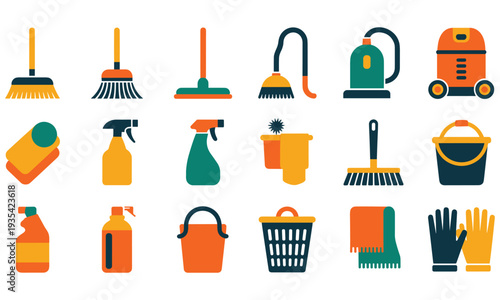 Collection of cleaning supplies and equipment icons in orange green and yellow on a white background representing household chores and professional cleaning services.
