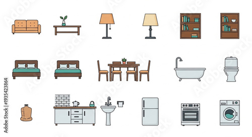 Collection of various household furniture and appliances.
