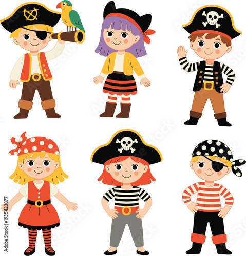 Cute kids dressed as pirates with hats eyepatch and costumes, playful cartoon children characters for adventure theme illustration