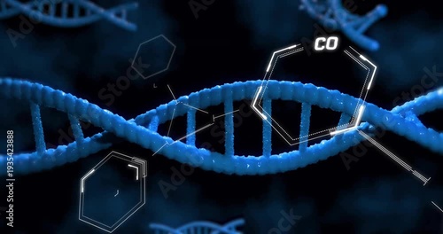 Animation of scientific data processing over dna strands spinning