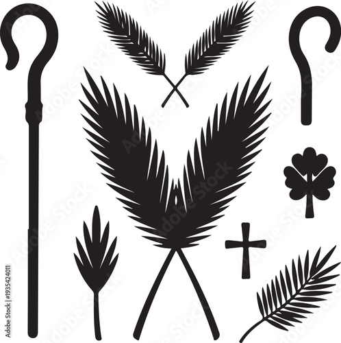 Palm Sunday symbols and objects in black silhouette style