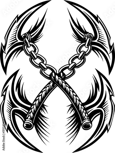 SVG illustration of a ghost reaper general tattoo design. Vintage Style Tattoo Design of Two Anchors with Chains and Feathers