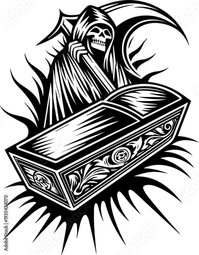 SVG illustration of a ghost reaper general tattoo design. Grim Reaper with Coffin in Dramatic Black and White Design