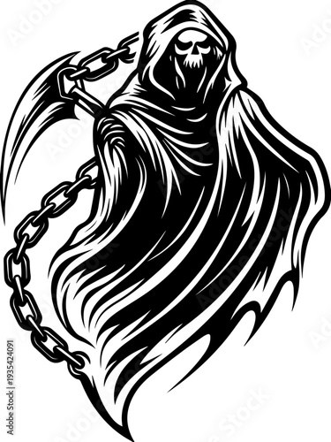 SVG illustration of a ghost reaper general tattoo design. Grim Reaper Illustration with Scythe and Chains in Monochrome Style