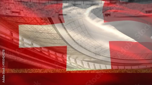 Swiss flag overlaying stadium, highlighting national pride and sports animation