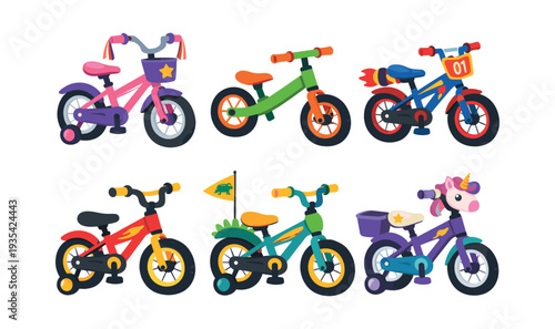 Set of various cartoon kids' bicycles featuring balance bikes, pedal bikes with training wheels, and fun designs for cycling