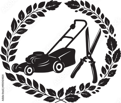Lawn mower and pruning shears in laurel wreath logo
