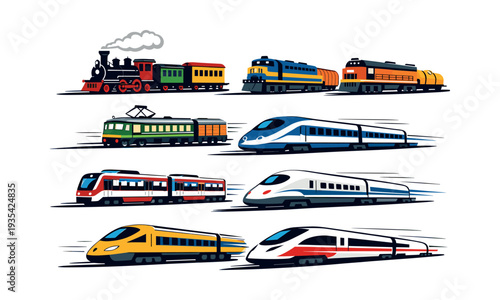 Collection of train models showing various locomotives for transport, travel, and public transit, creating speed and motion