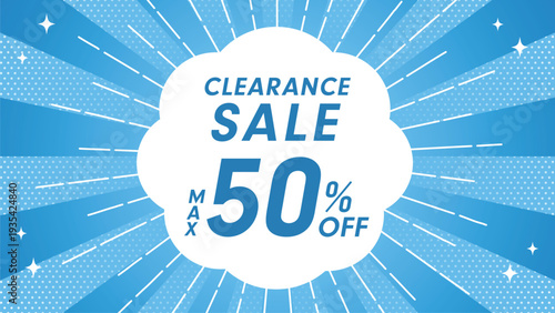 Light blue radial sunburst clearance sale background with 50 percent discount banner design