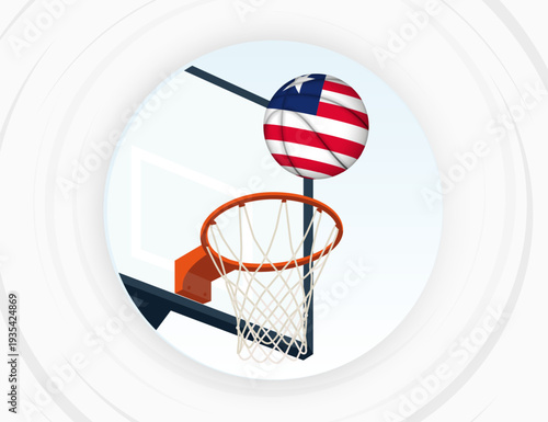 Liberia Flag Themed Basketball in Motion, Scoring Moment in Basketball Game.