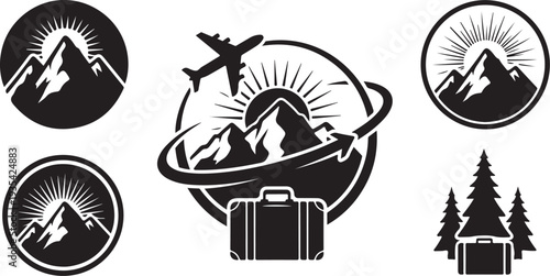 Travel and adventure icons in black and white style