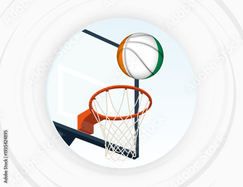 Ivory Coast Flag Themed Basketball in Motion, Scoring Moment in Basketball Game.