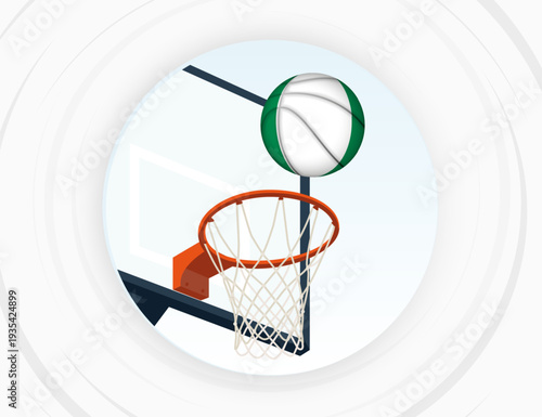 Nigeria Flag Themed Basketball in Motion, Scoring Moment in Basketball Game.