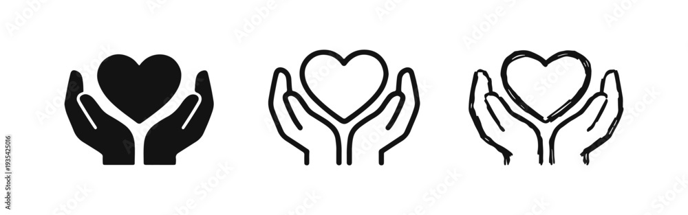 Obraz premium Hands Holding Heart Care Icons. Love Support Compassion Vector Symbols Set for Charity, Health, and Protection