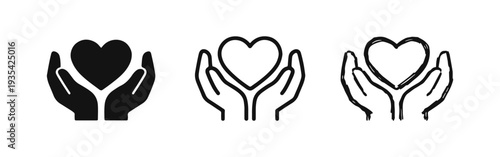 Hands Holding Heart Care Icons. Love Support Compassion Vector Symbols Set for Charity, Health, and Protection