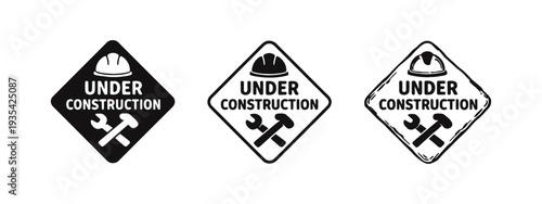 Under Construction sign icon set. Website, road, or area development warning vector collection. Hard hat, wrench, hammer symbols.