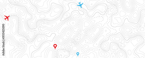 Topographic map with travel routes marked by airplanes and pins, showing elevation and terrain features