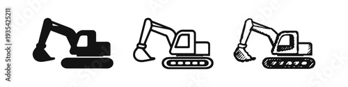 Excavator Icons Collection: Solid, Outline, and Hand-Drawn Sketch Styles for Digger Machines and Earthmoving Equipment