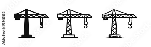 Tower Crane Icons Set: Solid, Outline, and Hand-Drawn Sketch Styles for Construction Lifting Equipment and Building Sites
