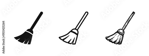 Broom Icons Set: Solid, Outline, and Hand-Drawn Sketch Styles for Household Sweeping Tools and Cleaning Equipment