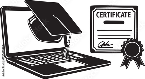 Graduation cap on laptop with certificate and ribbon icon