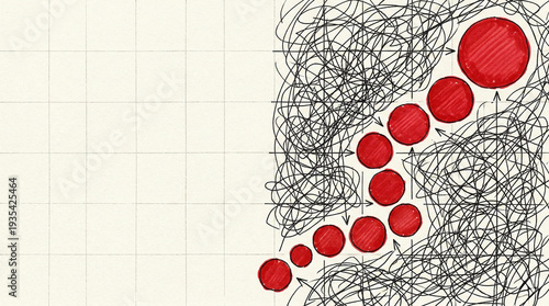 Red path through chaotic black scribbles on graph paper