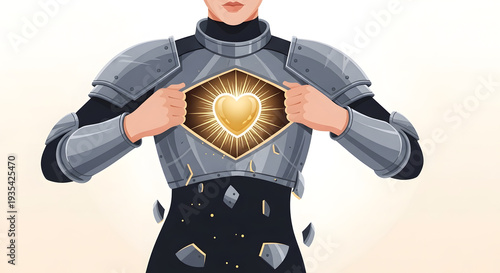 Warrior revealing heart, symbol of vulnerability as strength, courage and resilience