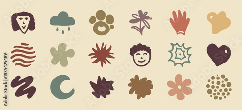 Cute hand drawn doodle icons set in boho earthy style. Abstract organic shapes with flowers, cloud, heart, face and playful symbols in flat vector design. Perfect for kids branding, stickers and