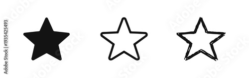 Star icons set representing favorite, rating, or importance, in solid, outline, and hand-drawn doodle style.