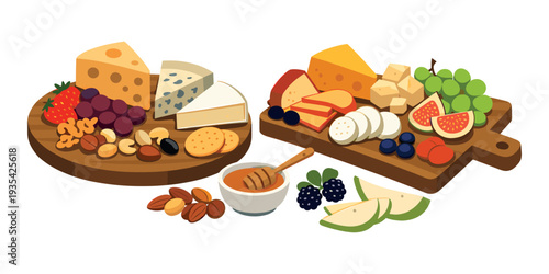 Arranging various cheeses, fresh fruits, crunchy nuts, crispy crackers, and sweet honey on wooden boards for a perfect platter