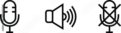 Audio control icons set with microphone, speaker, and muted mic symbols. Vector illustration