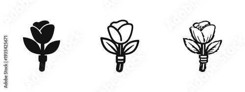 Single Rose Flower Icon Set - Love, Romance, Beauty, and Botanical Symbol