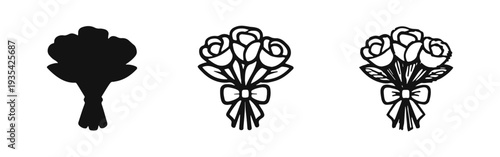Rose Bouquet Icon Set - Flowers, Love, Gift, and Celebration Symbol with Ribbon