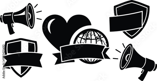 Black and white icons for communication and protection symbols