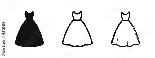 Wedding Dress or Gown Icon Set in Solid, Outline, and Hand-Drawn Styles for Bridal and Fashion Concepts